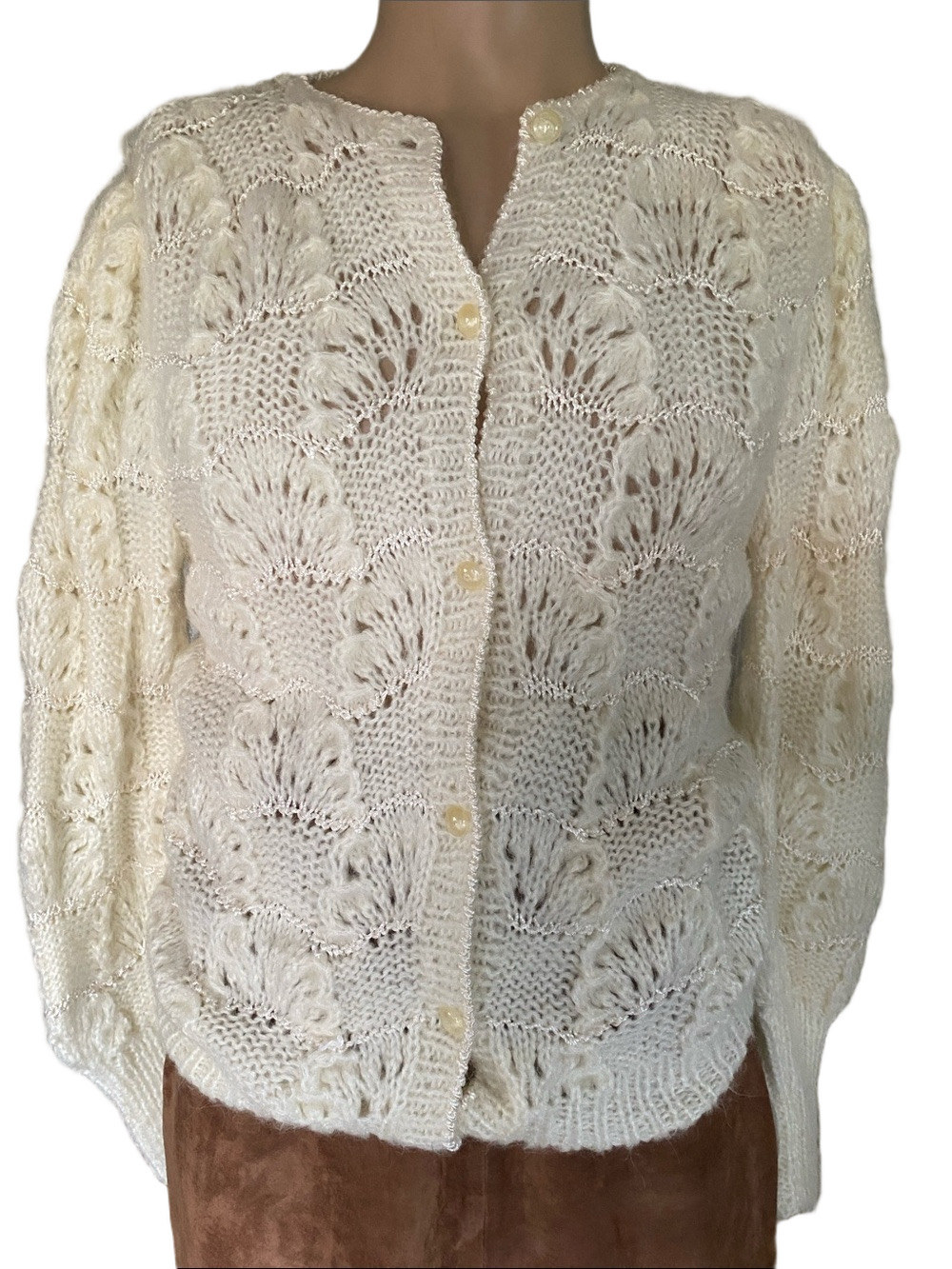 Christine Vintage hand knit Delicate Cream Openwork Knit Button-Front Cardigan